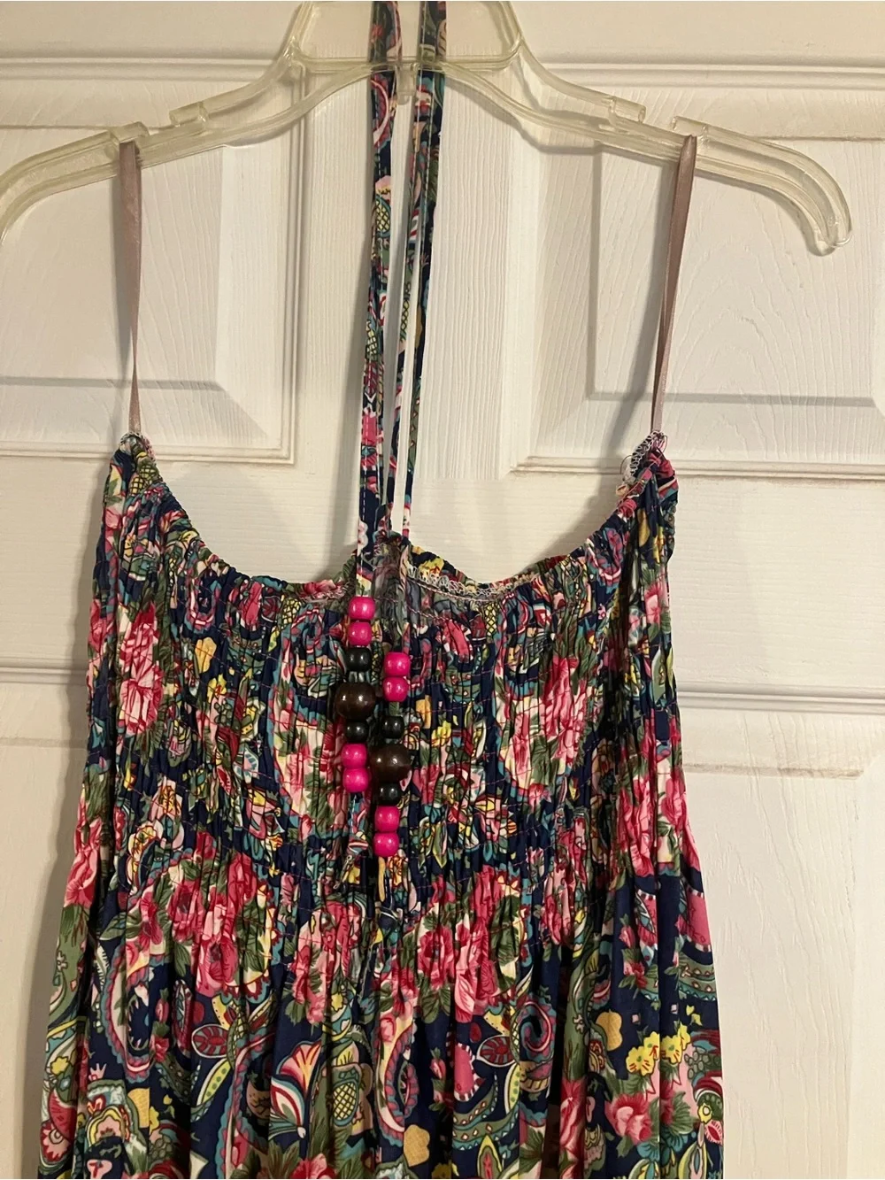 Vintage Y2K Paisley Floral Smocked Halter Tunic Dress Blue Size XL